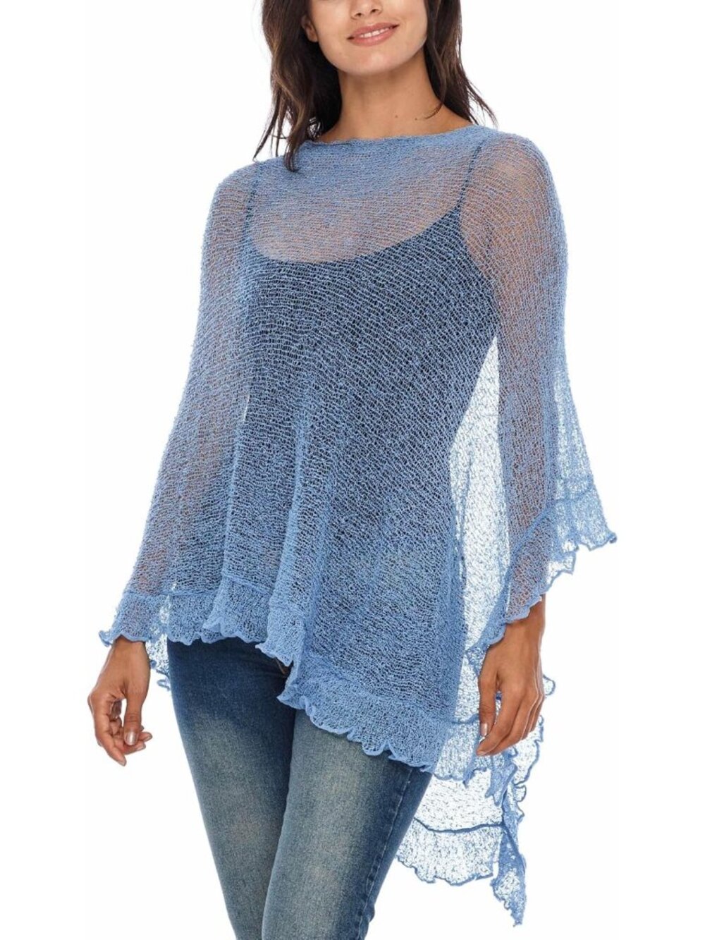 Women's Baby Blue Sheer Knit Poncho Shrug Lightweight Asymmetrical Cover Up Tops